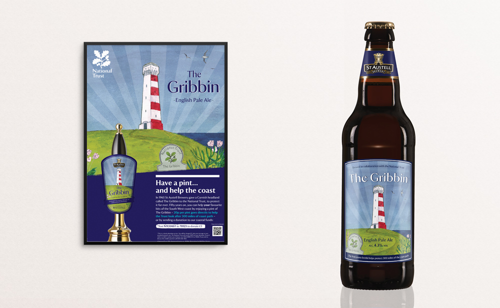 The Gribbin National Trust Beer label and pumpclip design and illustration