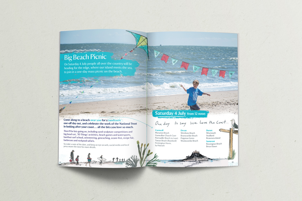South West Coastal Festival National Trust Booklet Design, boat with kite, seaside illustration
