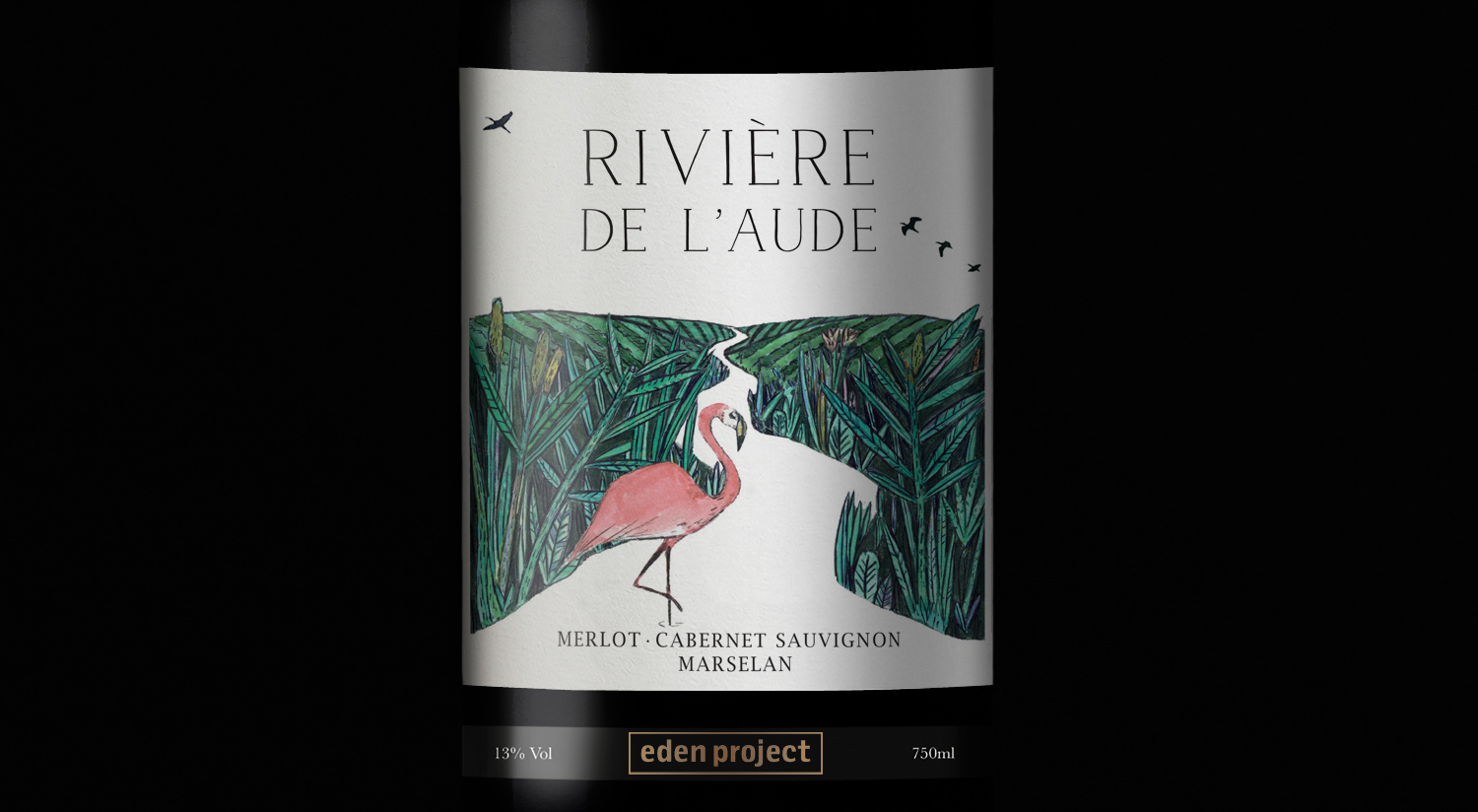 Riviere De L'aude Red wine label Eden project wine, red wine label design, illustration, flamingo, walter hicks, eden project