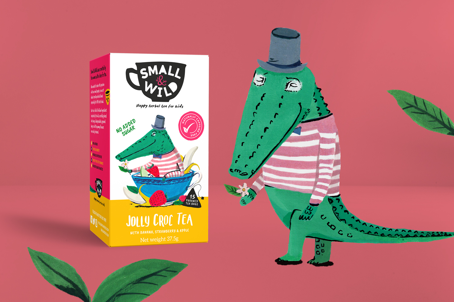 Small & Wild tea for children packaging design, crocodile painted illustration by Wild Bear designs