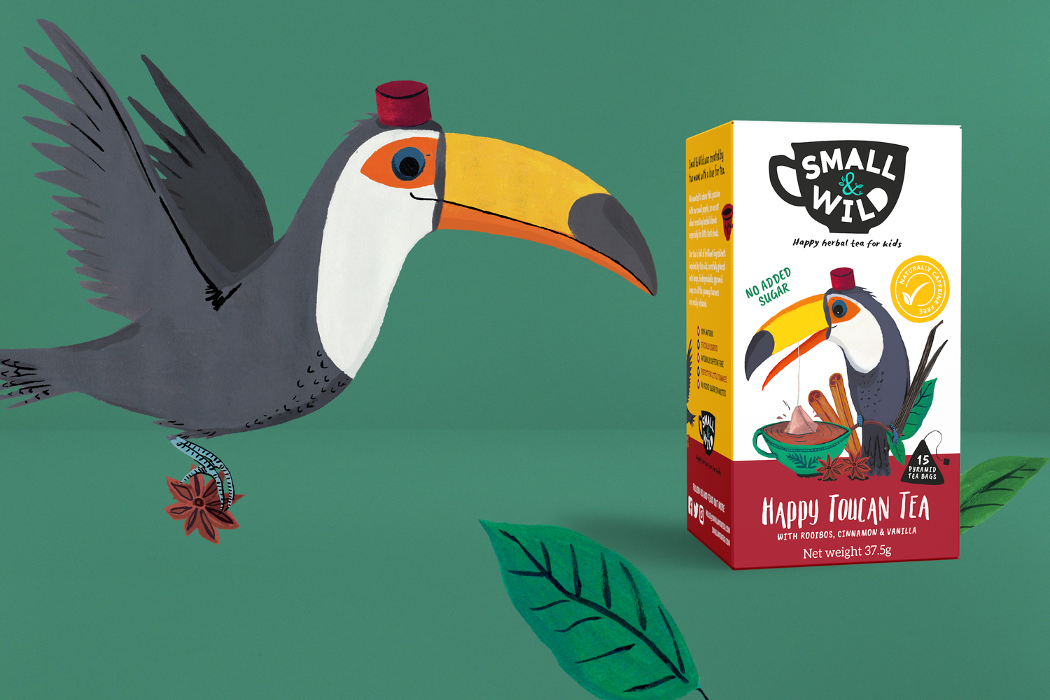 Small & Wild herbal tea painted toucan illustration for packaging design by Wild Bear Designs
