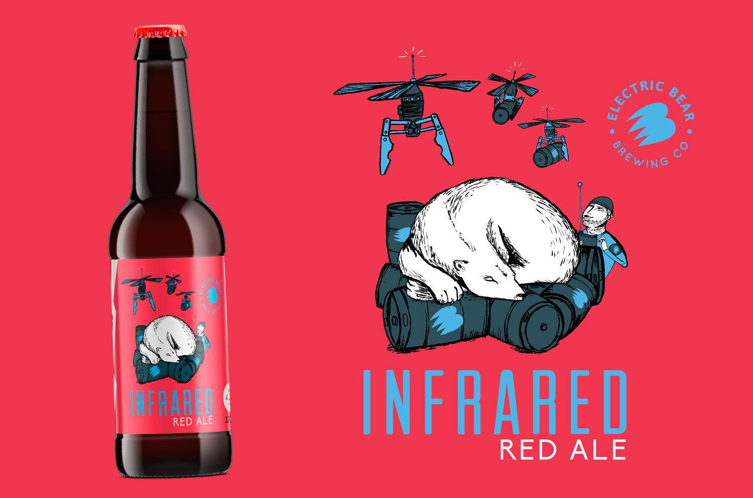 Infrared red ale bottle design, bear illustration