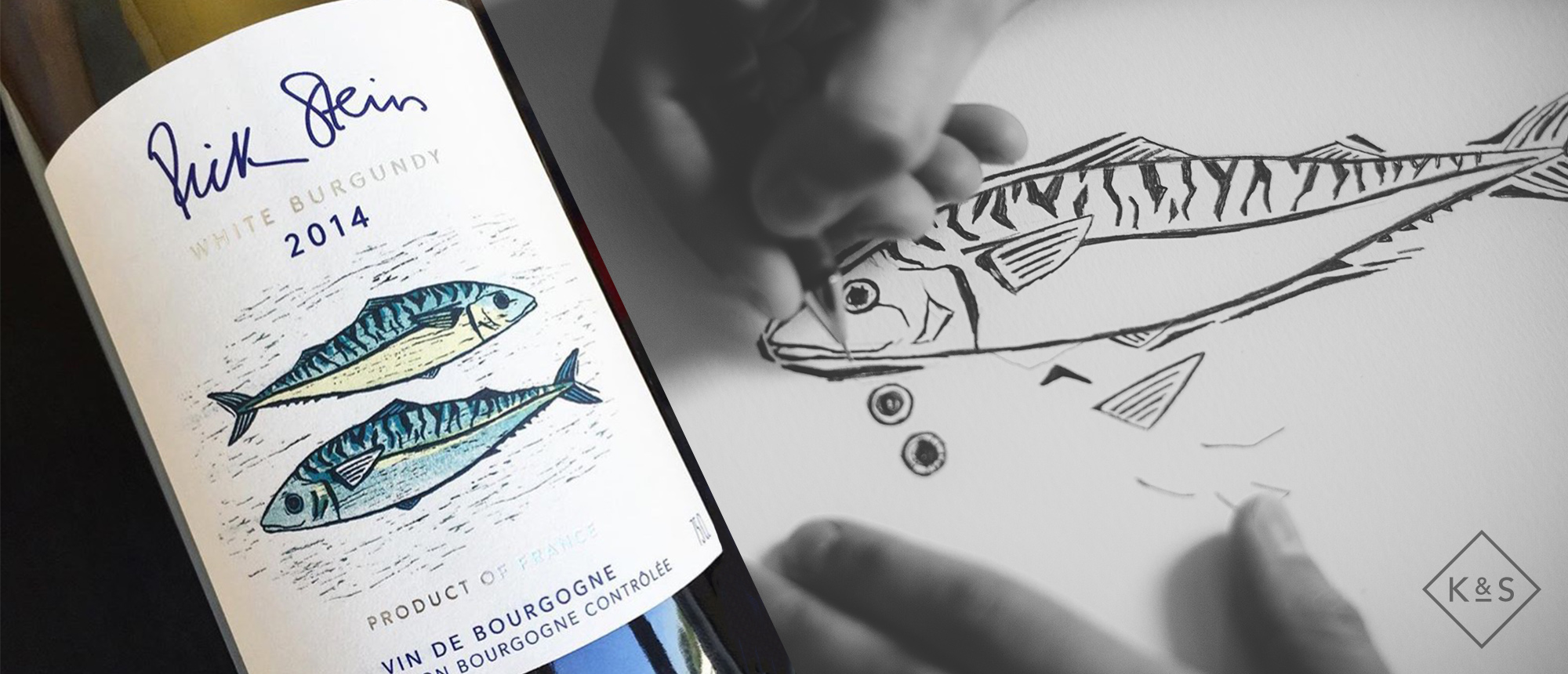 Rick Stein Wine label Design fish illustration